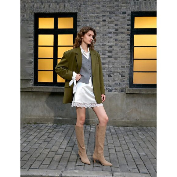 Women's Tan Suede Pointed Toe Kitten Low Heel Faux Leather Fall Long Boots - Picture 7 of 8